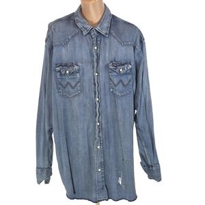 Western Denim Shirt Mens XL Blue Pearl Snap Long Sleeve Distressed Cowboy Casual